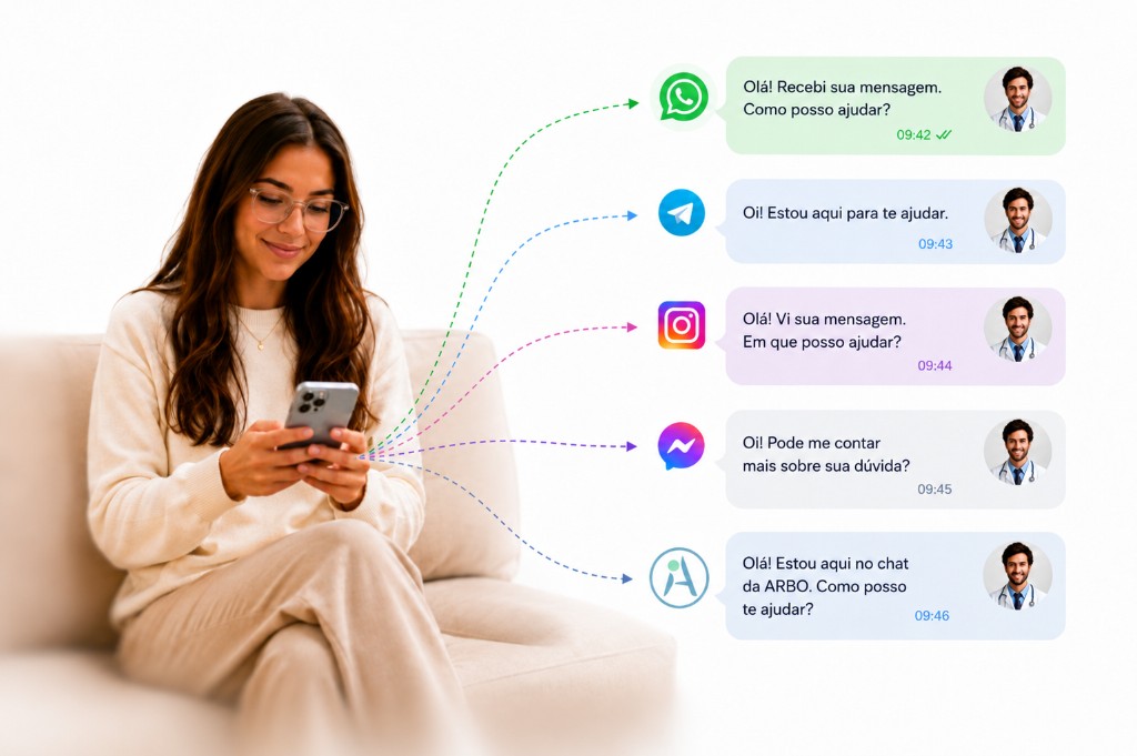 Paciente se comunicando com o profissional pelos canais que já usa: WhatsApp, Telegram, Instagram, Messenger e ARBO