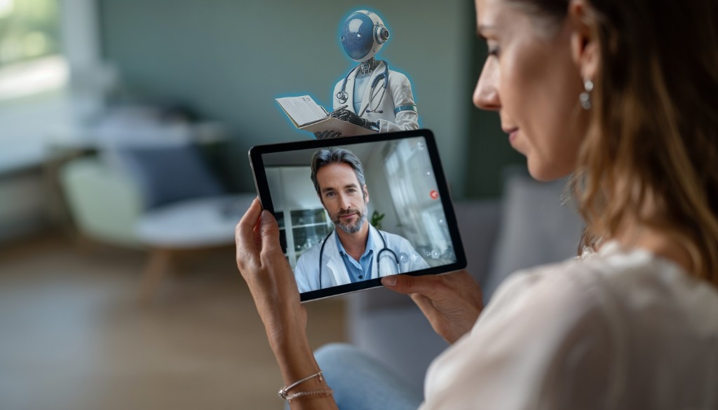 Paciente em teleconsulta pelo tablet, com o Tom AI ao lado das informações da jornada