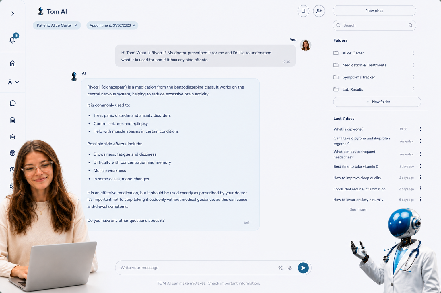 Interface da ARBO com histórico, documentos e Tom AI no mesmo ambiente, ao lado da paciente